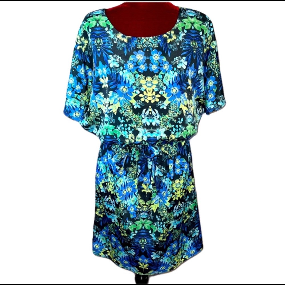 Blouson Medium Tie Waist Blue & Yellow Floral Black Amanda Charles A Line Dress